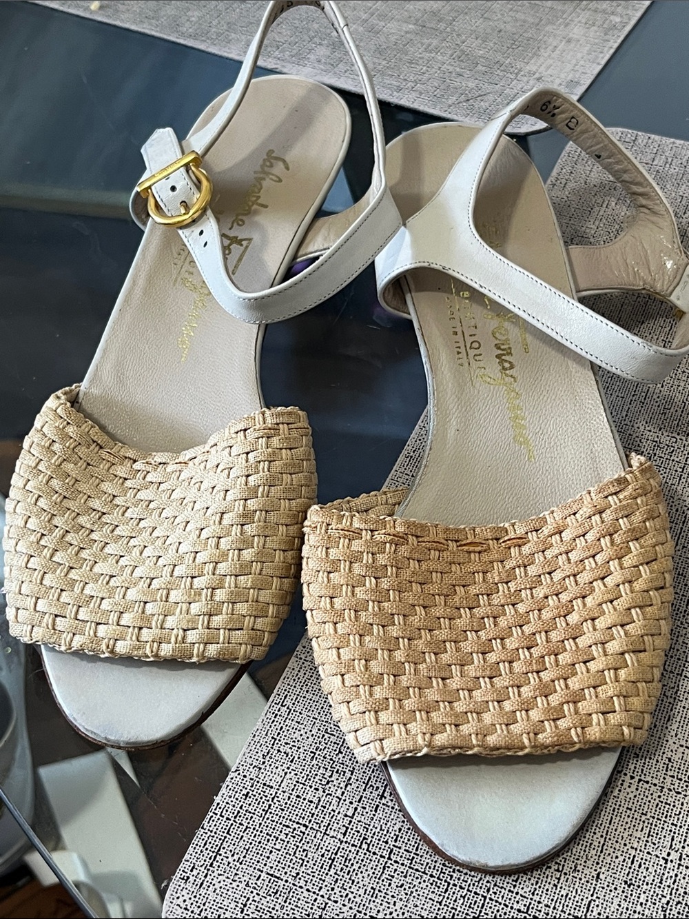 Salvatore Ferragamo Cream and Tan Woven Front Slingback Sandals